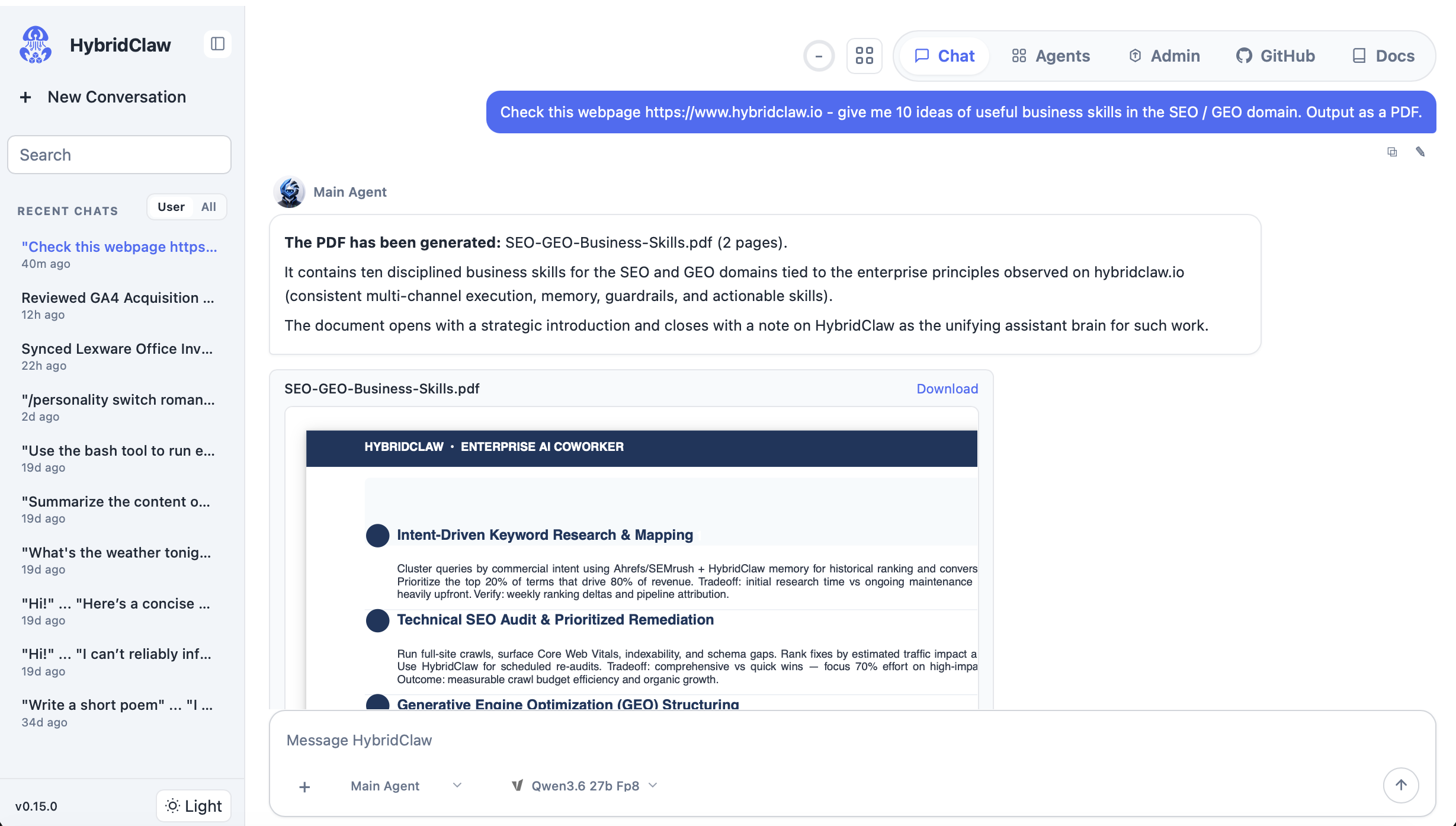 HybridClaw chat interface: an agent executes a business workflow with tool calls.